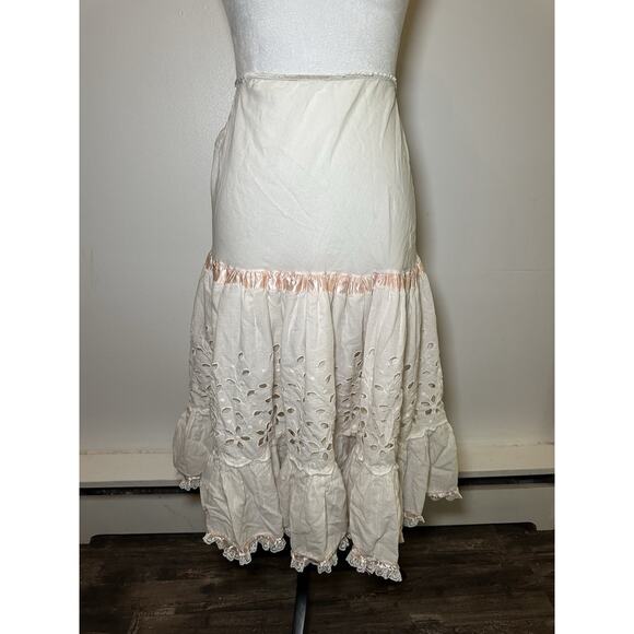 Women’s Vintage Handmade Hand Sewn 60s 70s Lace Pink Ivory Flowy Midi Skirt - Picture 1 of 9